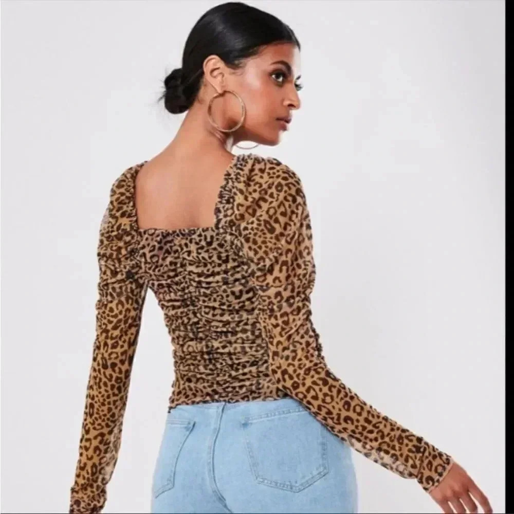 Missguided Leopard Ruched Mesh Top Black Brown Size 4 - Picture 2 of 7